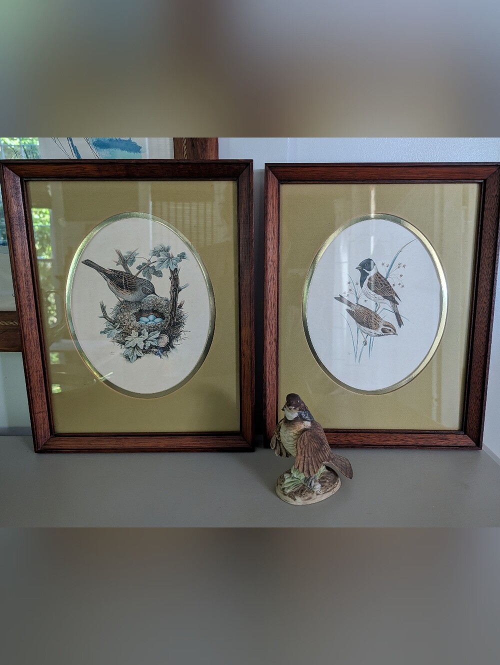 Vintage Pair 1950s Bird Framed Prints By Murr Green & Gold Mats In Wooden Frames